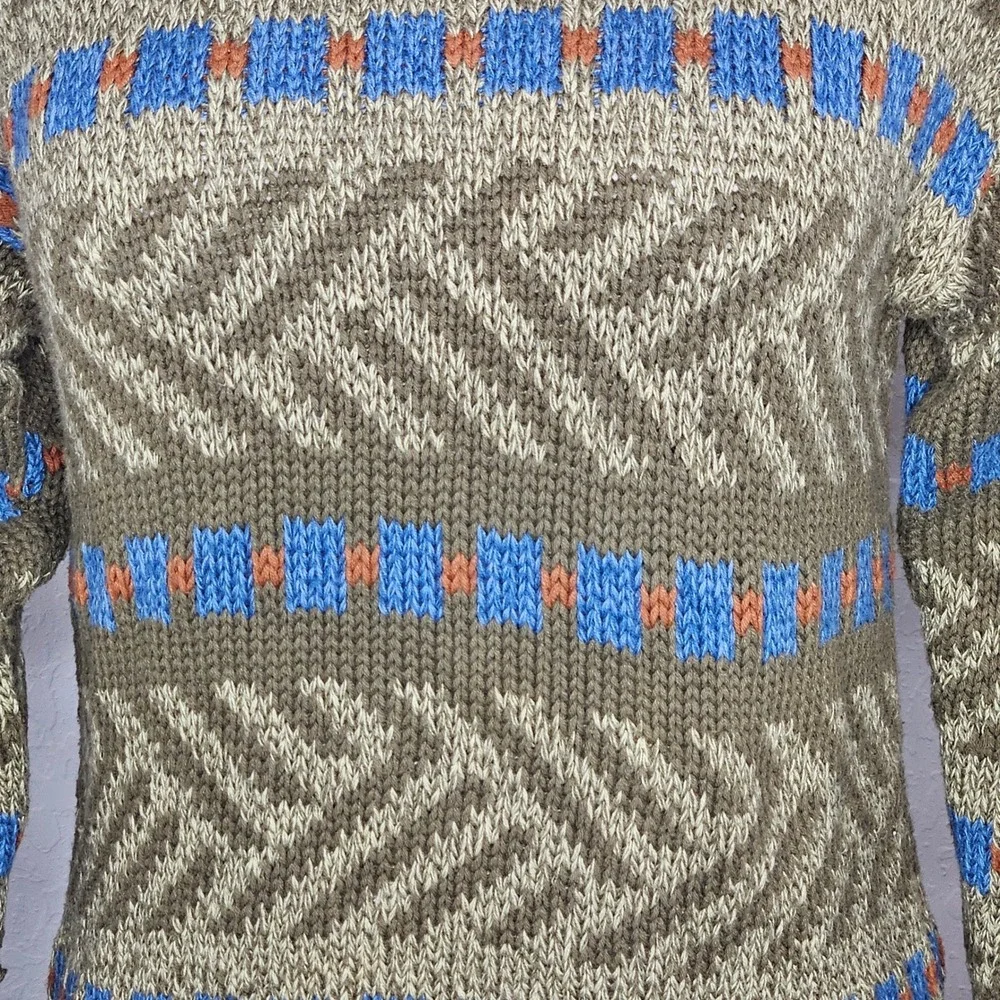 Vintage Lizwear Petites Cotton Knit Sweater‎ Olive Geometric Crew Pullover Sz SP - Picture 2 of 7